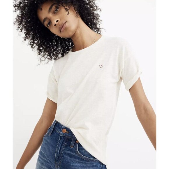 NWOT Madewell Rainbow Heart Embroidered Whisper Cotton Crewneck Tee - Picture 2 of 11